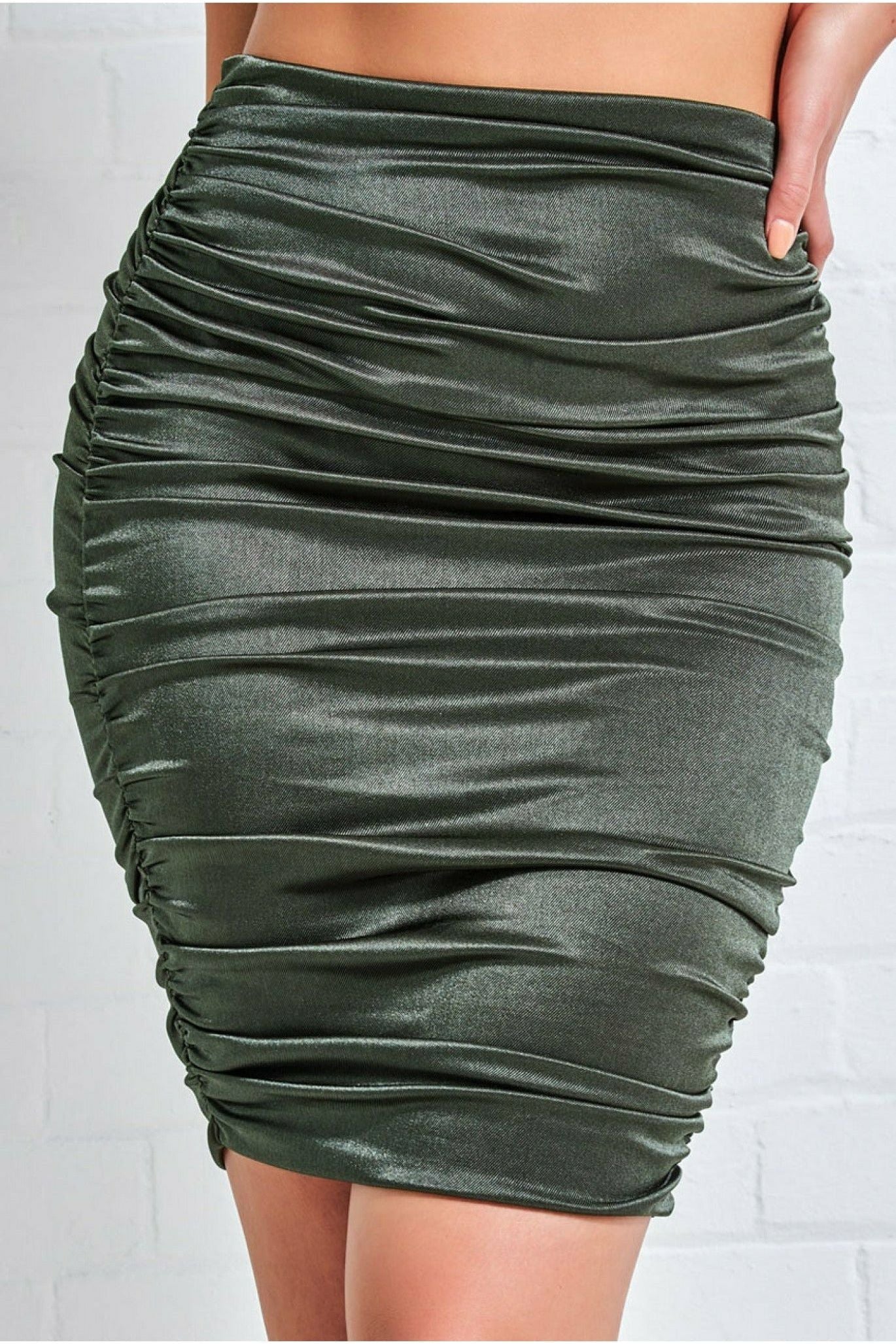 Ruched Satin Mini Skirt - Khaki